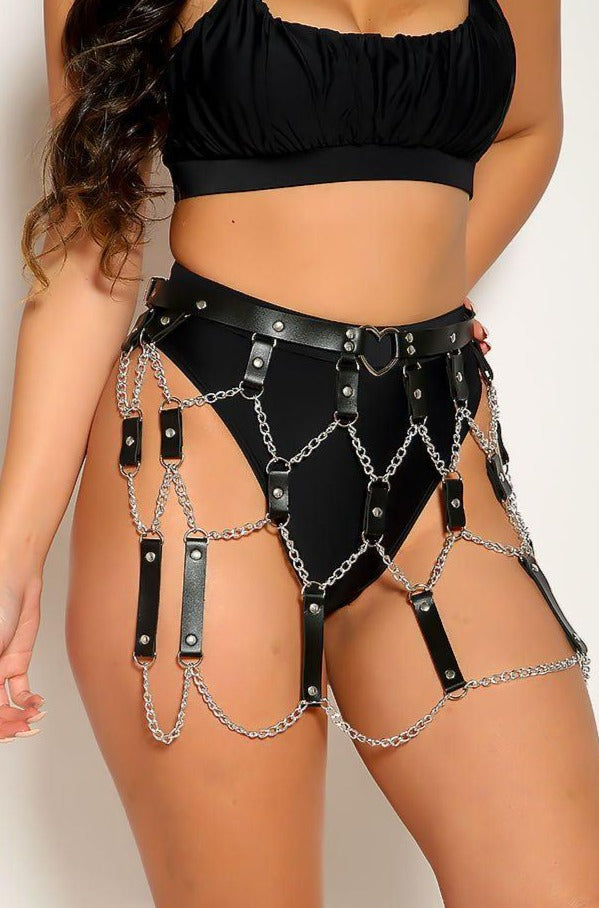 Black Faux Leather Chain Front Skirt Belt - AMIClubwear