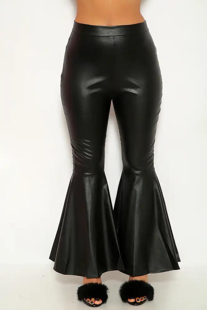 Black Faux Leather Flared Pants - AMIClubwear