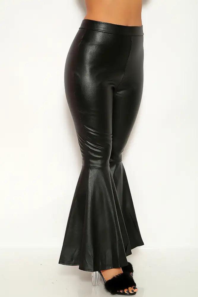 Black Faux Leather Flared Pants - AMIClubwear