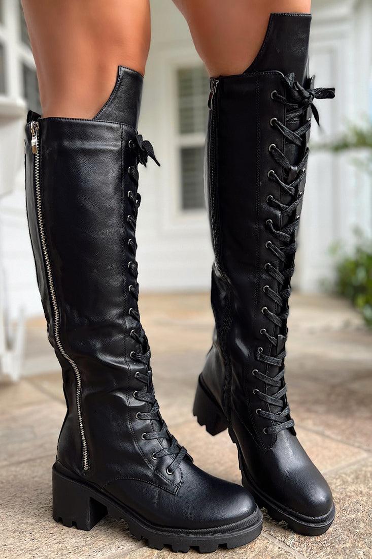 Black Faux Leather Knee High Riding Boots – AMIClubwear