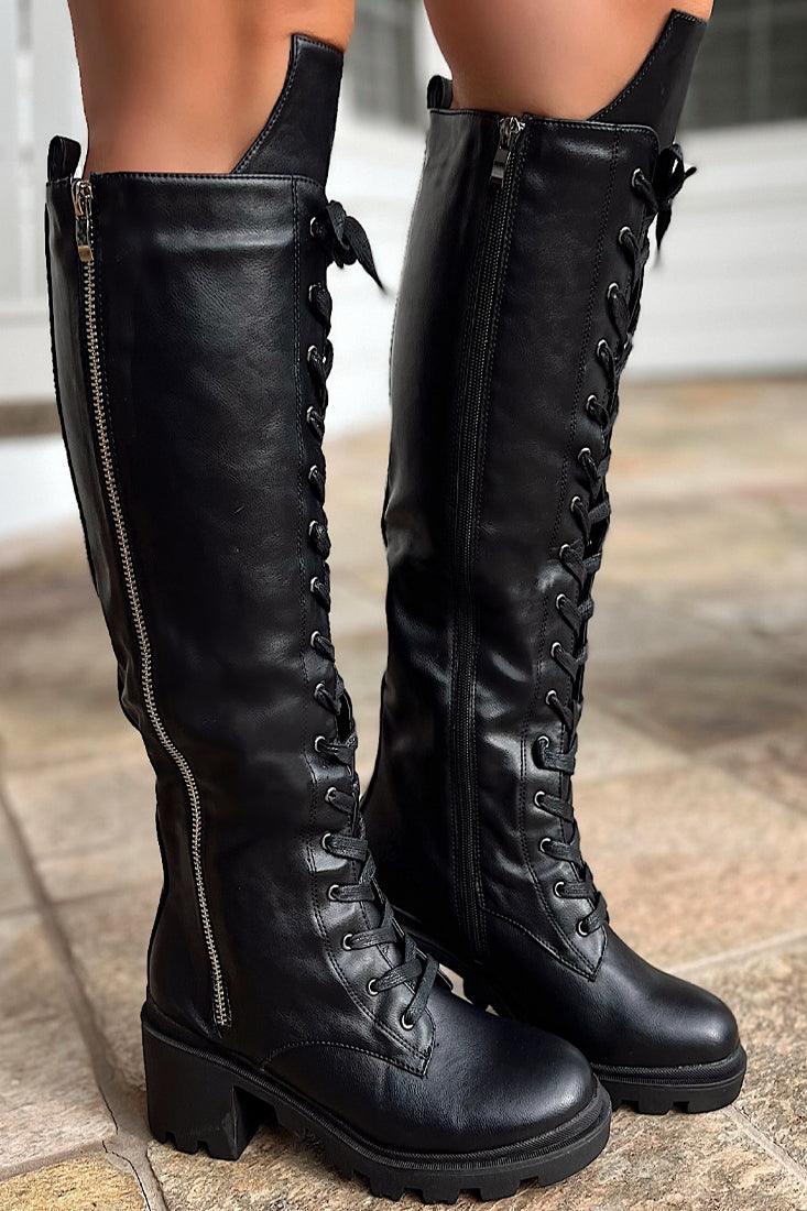 Black Faux Leather Knee High Riding Boots - AMIClubwear