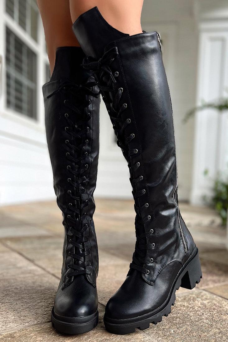 Black Faux Leather Knee High Riding Boots - AMIClubwear