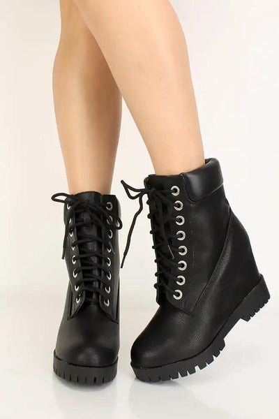 Black Faux Leather Lace Up Booties - AMIClubwear