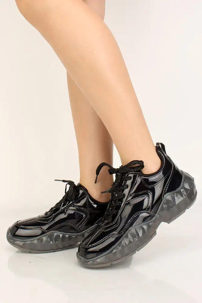 Black Faux Leather Lace Up Sneakers - AMIClubwear