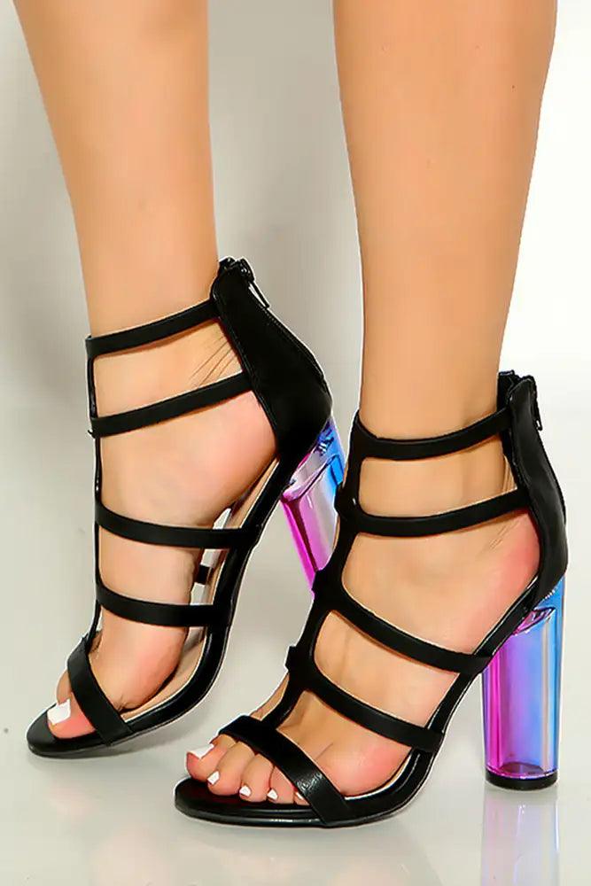 Black Faux Leather Open Toe Two Tone Chunky High Heels - AMIClubwear