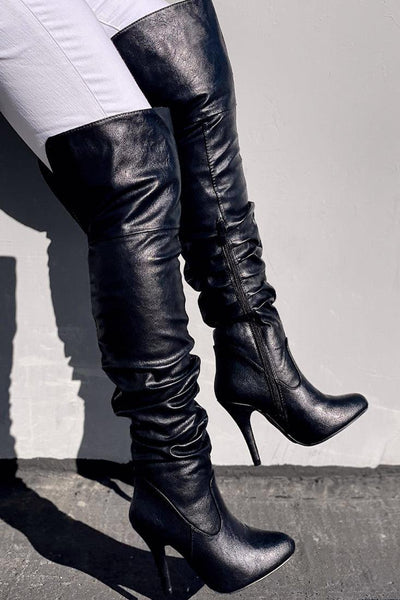 Black Faux Leather Over The Knee Thigh High Heel Boots - AMIClubwear