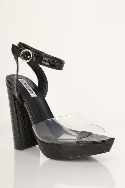 Black Faux Leather Peep Toe Chunky Heels - AMIClubwear