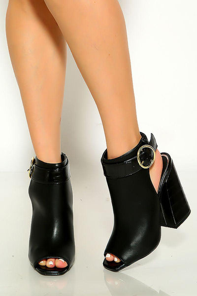Black Faux Leather Peep Toe Chunky High Heel Booties - AMIClubwear