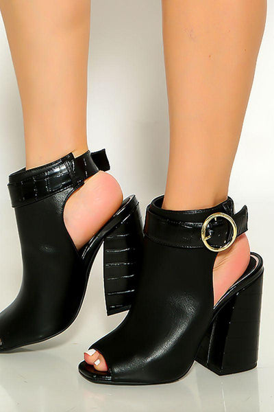 Black Faux Leather Peep Toe Chunky High Heel Booties - AMIClubwear