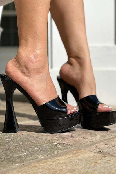 Black Faux Leather Peep Toe Platform High Heels - AMIClubwear