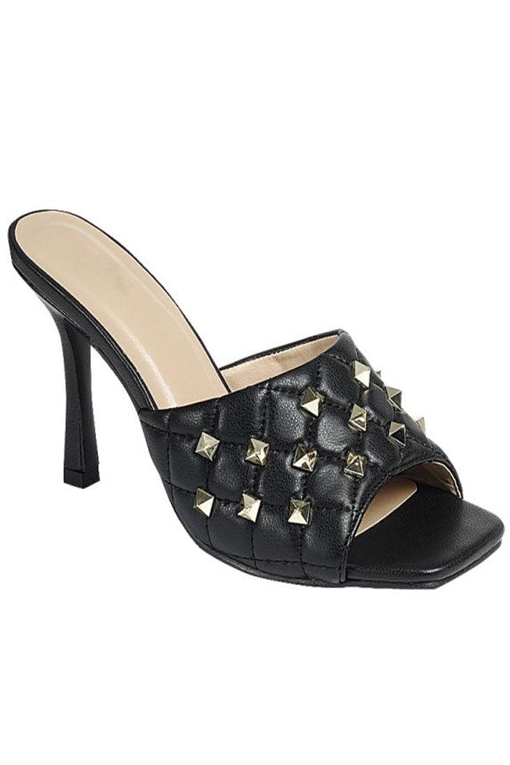 Black Faux Leather Quilted Gold Stud Open Toe Slip On High Heels - AMIClubwear