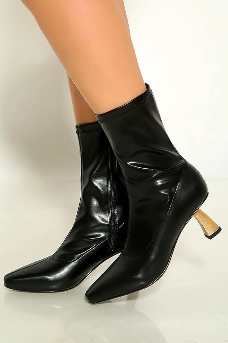 Black Faux Leather Single Sole Chunky Heel pointy Toe Booties