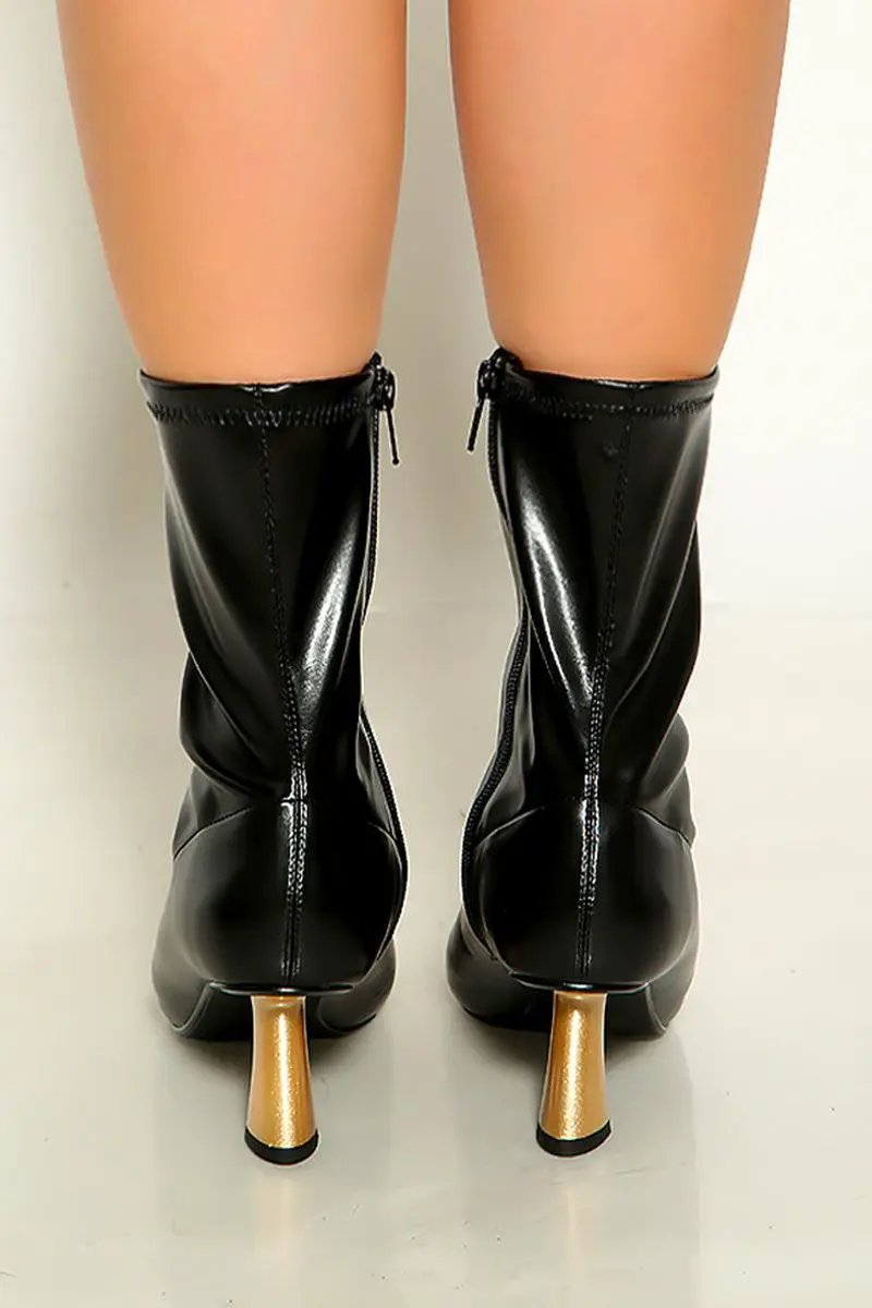 Black Faux Leather Single Sole Chunky Heel pointy Toe Booties