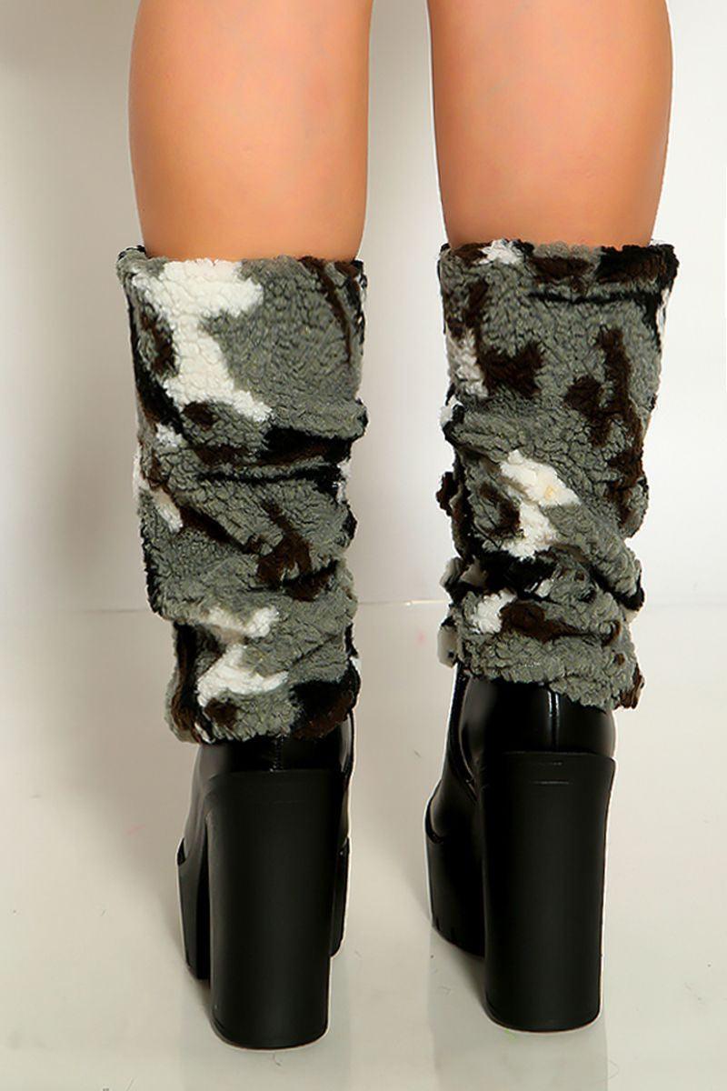 Black Faux Leather Slouchy Fleece Fur Platform Boots - AMIClubwear