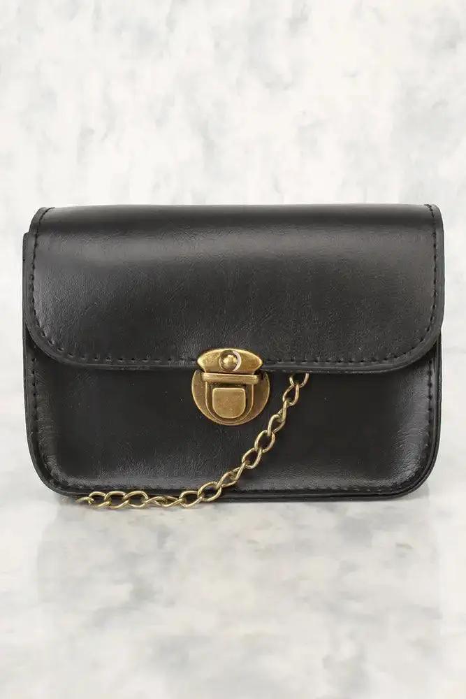 Black Faux Leather Snap Lock Closure Chain Strap Handbag