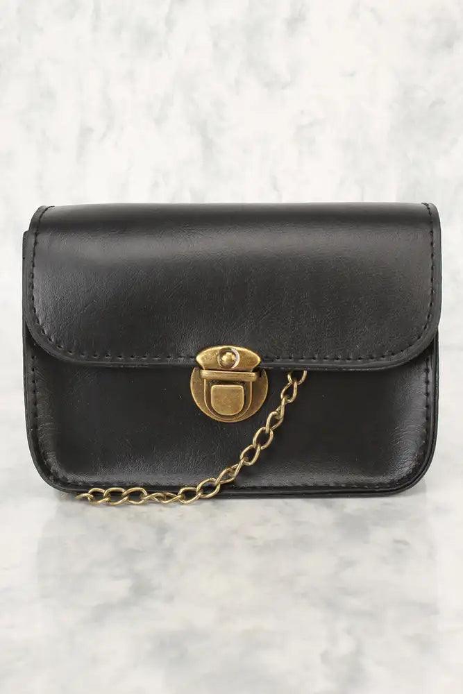 Black Faux Leather Snap Lock Closure Chain Strap Handbag - AMIClubwear