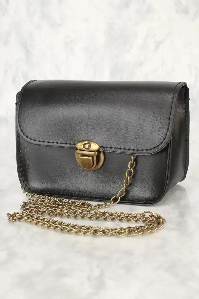Black Faux Leather Snap Lock Closure Chain Strap Handbag