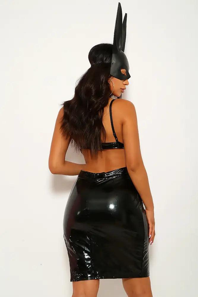 Black Faux Leather Two Piece Costume - AMIClubwear