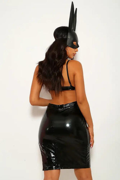 Black Faux Leather Two Piece Costume - AMIClubwear