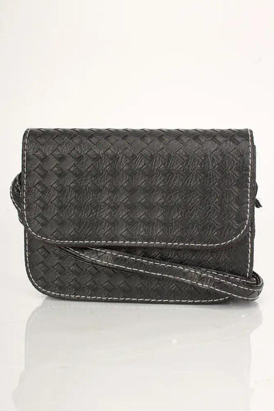 Black Faux Leather Woven Button Clasp Handbag - AMIClubwear