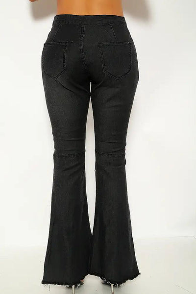 Black Faux Pearl High Waist Bell Bottom Jeans - AMIClubwear