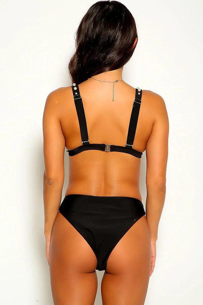 Black Faux Pearl Padded Two Piece Swimsuit - AMIClubwear