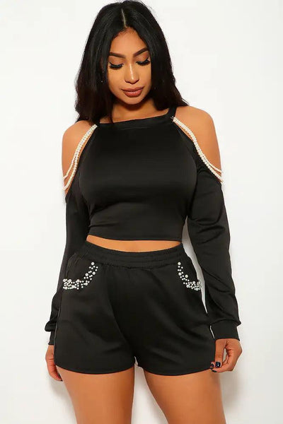 Black Faux Pearls Plus Size Two Piece Outfit - AMIClubwear