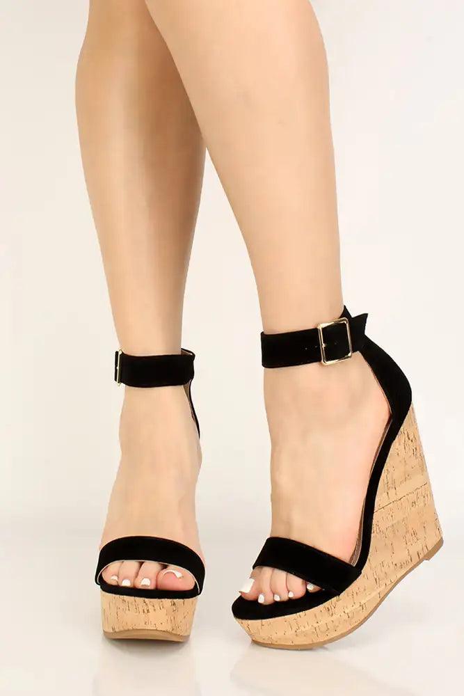 Black Faux Suede Cork Wedges - AMIClubwear