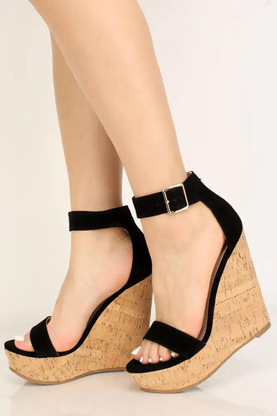 Black Faux Suede Cork Wedges - AMIClubwear