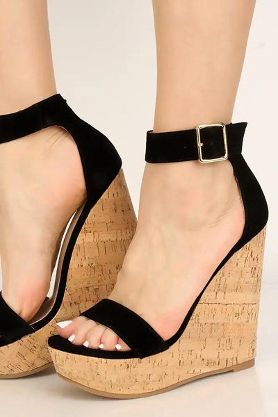 Black Faux Suede Cork Wedges - AMIClubwear