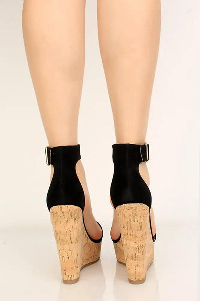 Black Faux Suede Cork Wedges - AMIClubwear