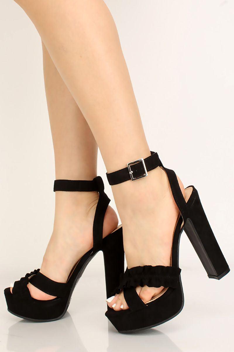 Black Faux Suede Criss Cross Platform Chunky Heels - AMIClubwear