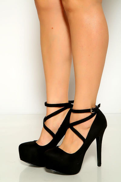 Black Faux Suede Criss Cross Platform High Heels - AMIClubwear