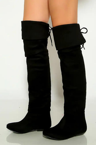 Black Faux Suede Flat Thigh High Two Styles Foldable Boots - AMIClubwear