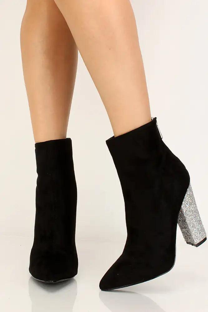 Black Faux Suede Glittery Chunky Heel Booties - AMIClubwear