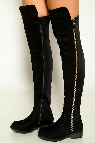 Black Faux Suede High Low Cuff Thigh High Boots - AMIClubwear