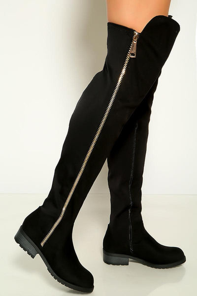 Black Faux Suede High Low Cuff Thigh High Boots - AMIClubwear