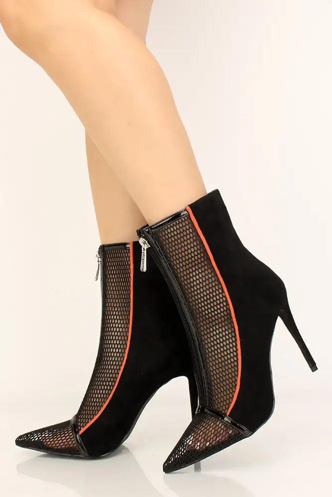 Black Faux Suede Netted Pointy Toe Booties - AMIClubwear