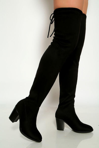 Black Faux Suede Pointed Toe Thigh High Chunky High Heel Boot - AMIClubwear