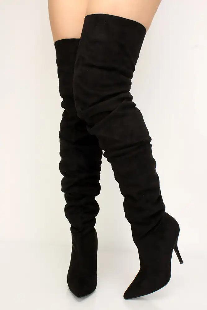 Black Faux Suede Ruched Thigh High Boots - AMIClubwear