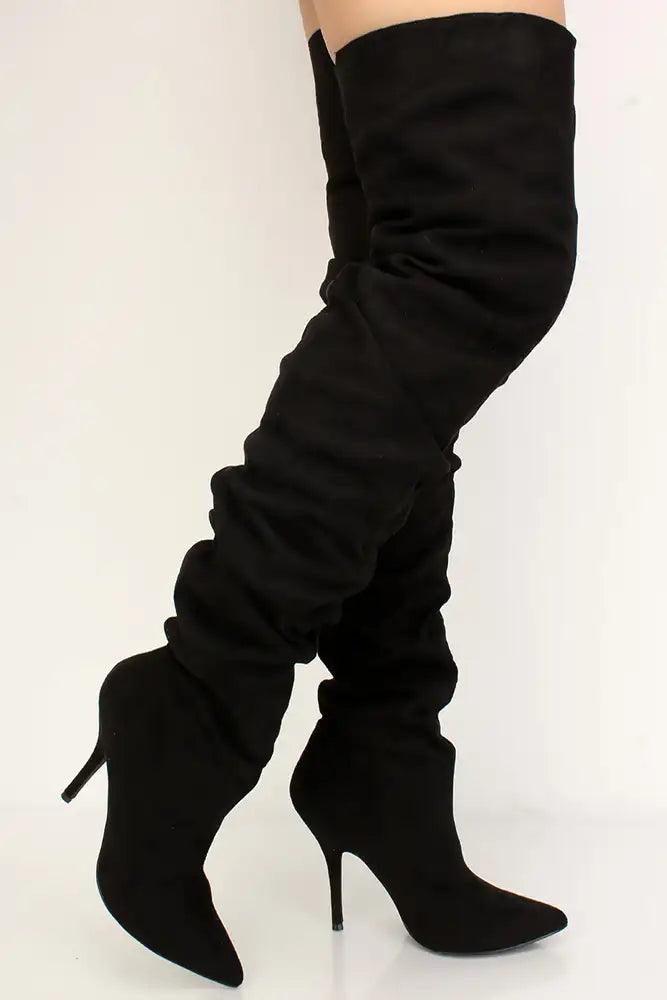 Black Faux Suede Ruched Thigh High Boots - AMIClubwear
