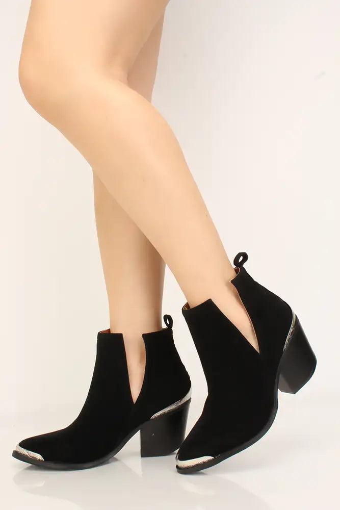 Black Faux Suede Slip On Cowgirl Booties - AMIClubwear