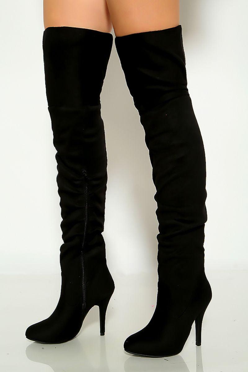 Black Faux Suede Slouchy Thigh High Heel Boots - AMIClubwear