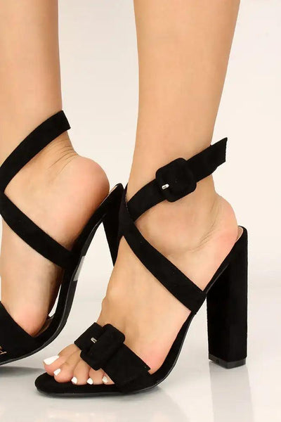Black Faux Suede Strappy Chunky Heels - AMIClubwear
