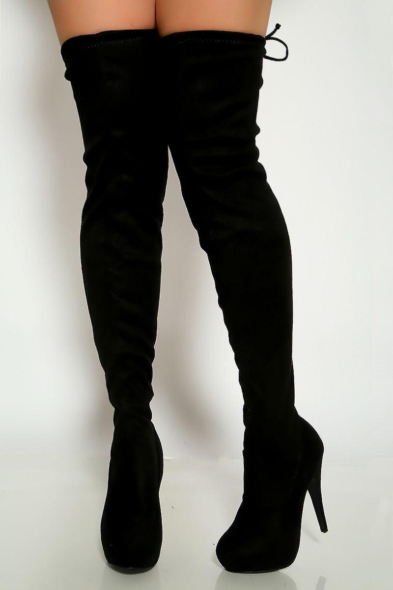 Black Faux Suede Thigh High Platform High Heel Boots - AMIClubwear