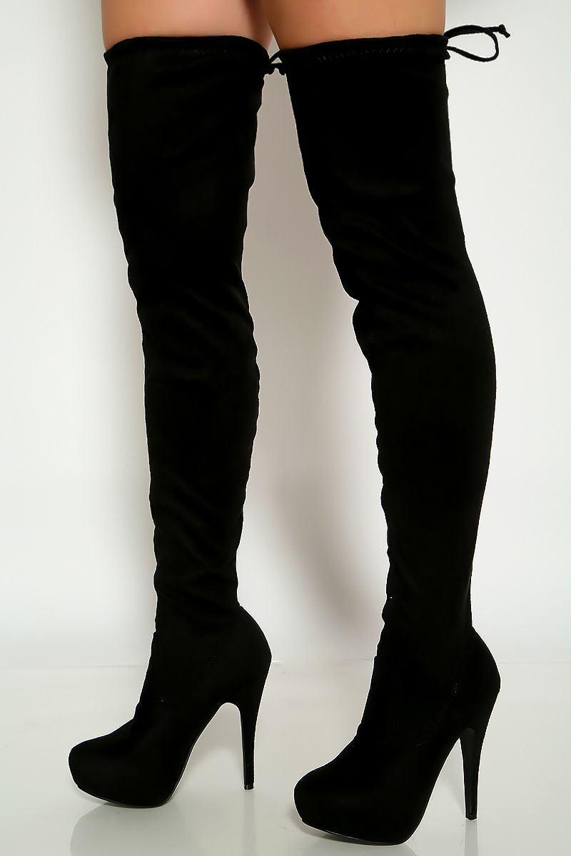 Black Faux Suede Thigh High Platform High Heel Boots - AMIClubwear