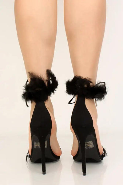 Black Feather Faux Suede Open Toe High Heels - AMIClubwear