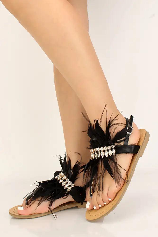 Black Feather Rhinestone Accent Sandals - AMIClubwear