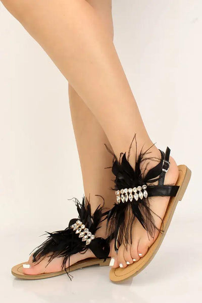 Black Feather Rhinestone Accent Sandals - AMIClubwear