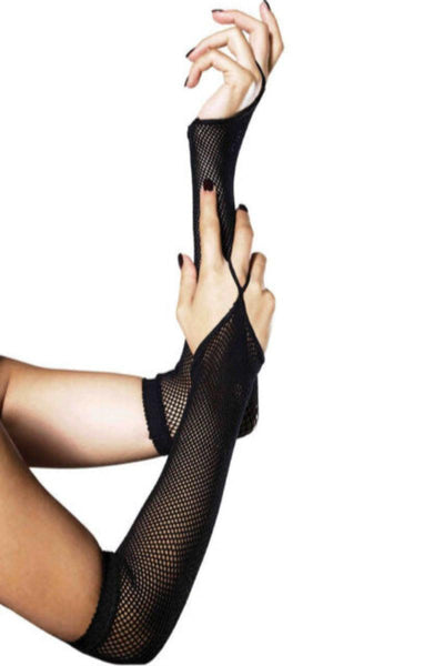 Black Fishnet Arm Warmer Finger Loop Gloves - AMIClubwear